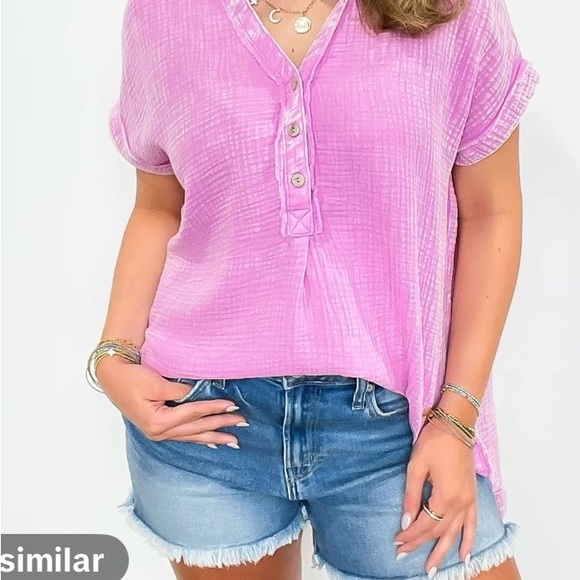 Zenana Juliette Washed Double Gauze Button Top, 1X/2x - Picture 2 of 5